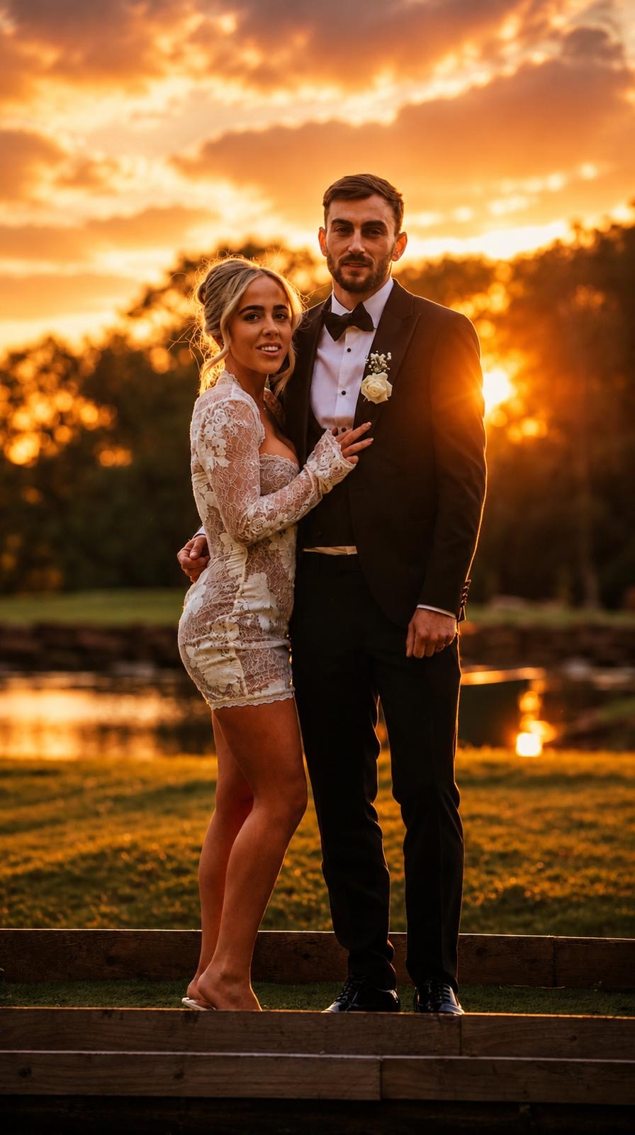 Couple portrait at golden hour beside a lake